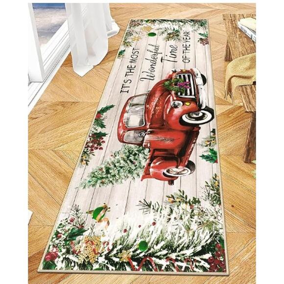 Christmas Tree Truck Runner Rug 2x6 Non Slip Farmhouse Washable - Picture 1 of 8